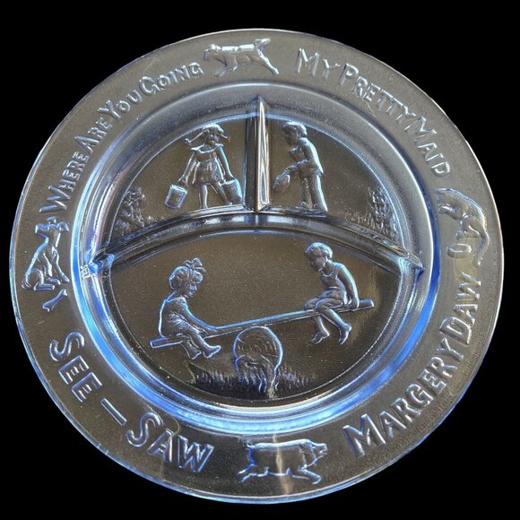 Vintage Nursery Rhyme Childs Plate See-Saw Margery Daw Design Collectible Blue - Picture 1 of 10